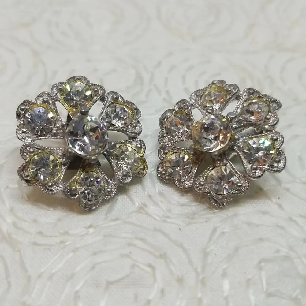 Bogoff Clip Earrings Rhinestone Flowers Petals Vintage
